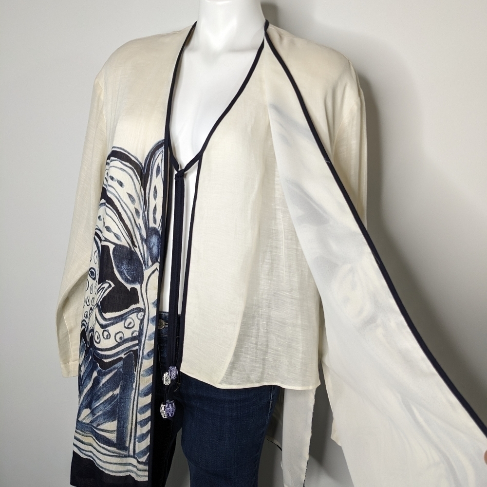 Vintage Dorothy Schoelen Platinum white blue tan tie closure cardigan jacket L - Picture 2 of 12